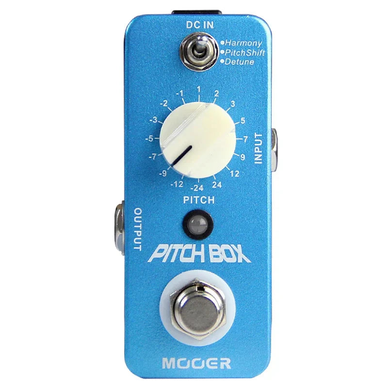 Blue metallic mooer mps1 pitch box polyphonic pitch shifter harmonizer pedal with white knob and silver footswitch