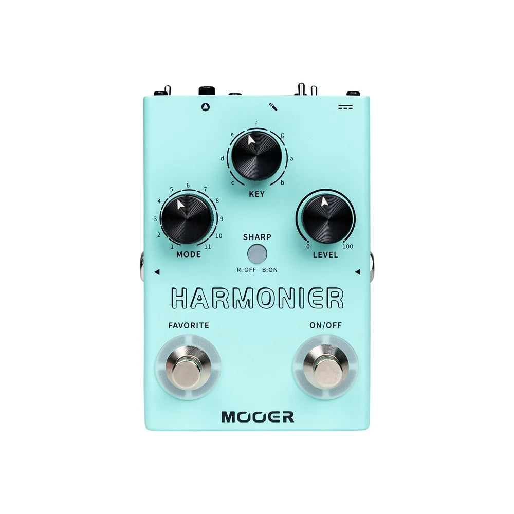 Mooer MVP2 Harmonier pedal in mint green with black knobs featuring 12 keys, harmonic modes three, and adjustable reverb