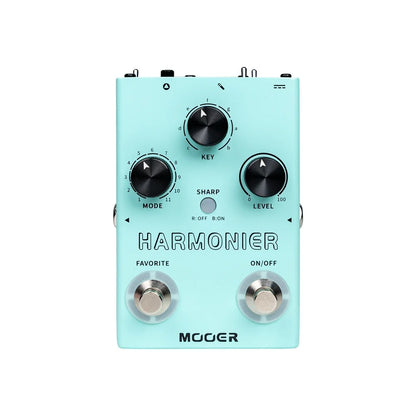 Mooer MVP2 Harmonier pedal in mint green with black knobs featuring 12 keys, harmonic modes three, and adjustable reverb