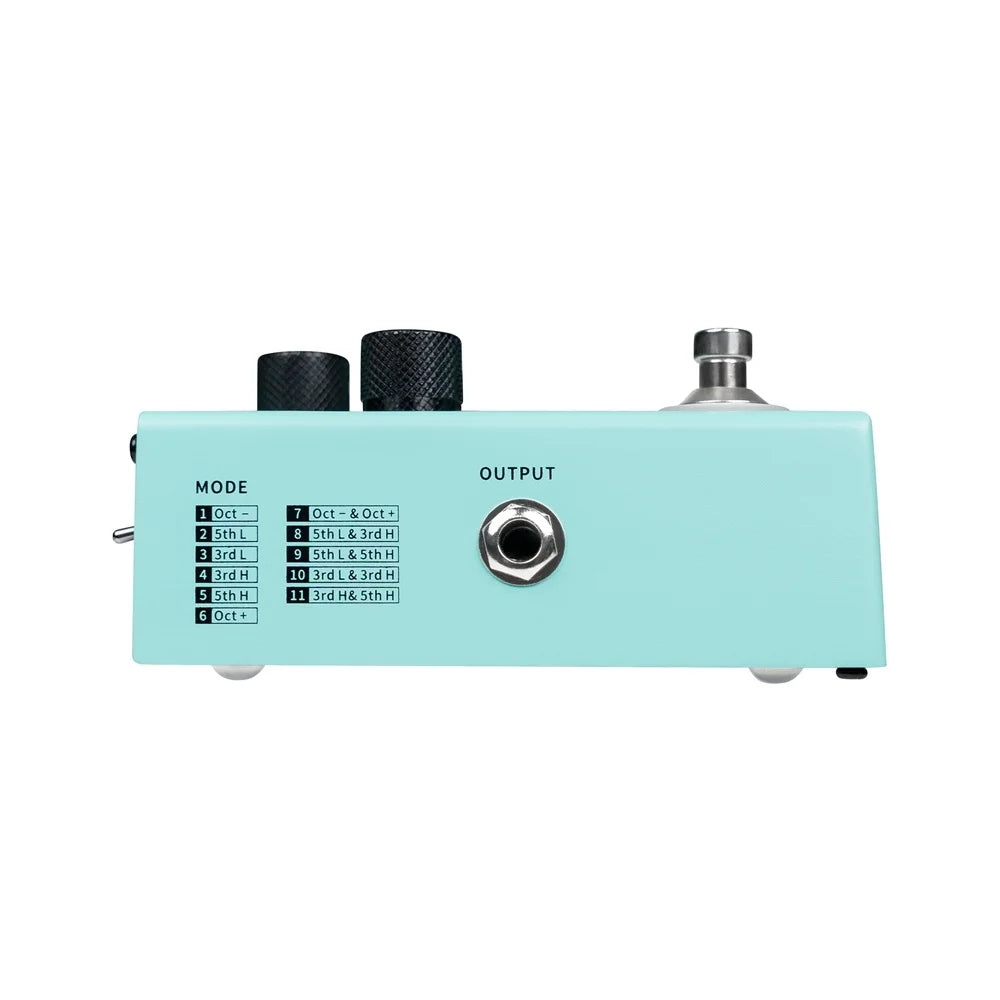 Light blue mooer mvp2 harmonier guitar effects pedal with black knobs features harmonic modes three and individually adjustable reverb