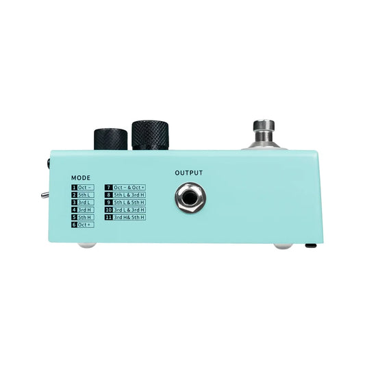 Light blue mooer mvp2 harmonier guitar effects pedal with black knobs features harmonic modes three and individually adjustable reverb