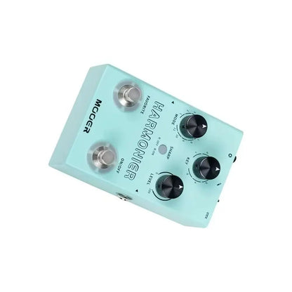 Light blue mooer mvp2 harmonier guitar pedal with three black knobs, two footswitches, 12 keys, harmonic modes three and reverb