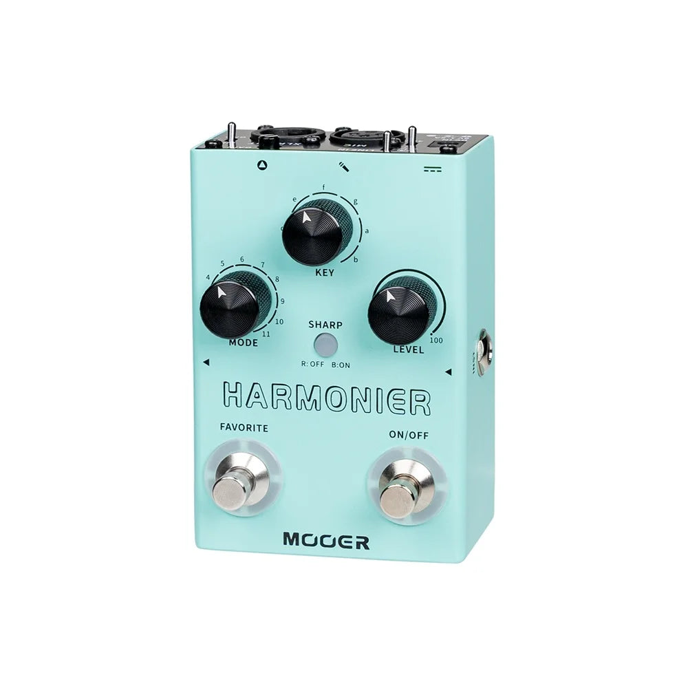 Light blue mooer mvp2 harmonier guitar effects pedal with black knobs features 12 keys 11 harmonic modes and adjustable reverb