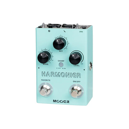 Light blue mooer mvp2 harmonier guitar effects pedal with black knobs features 12 keys 11 harmonic modes and adjustable reverb