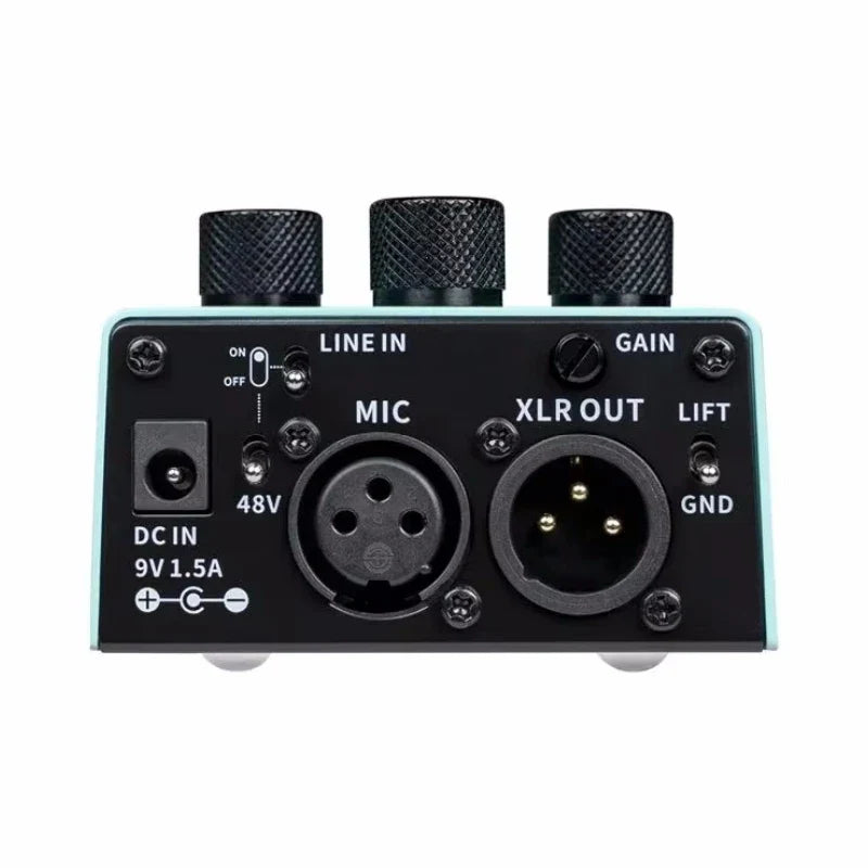 Black mvp2 harmonier audio interface with light blue edges, phantom power, toggle switch, and labeled inputs for harmonizing