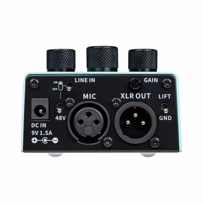 Black mvp2 harmonier audio interface with light blue edges, phantom power, toggle switch, and labeled inputs for harmonizing
