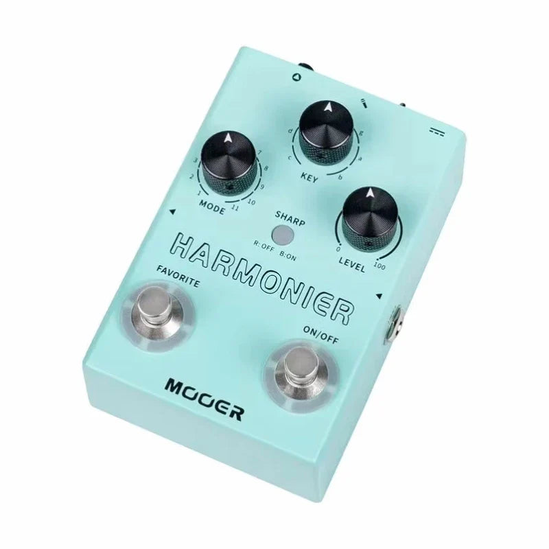 Mooer mvp2 harmonier effects pedal in mint green with black knobs silver footswitches toggle switch and phantom power support