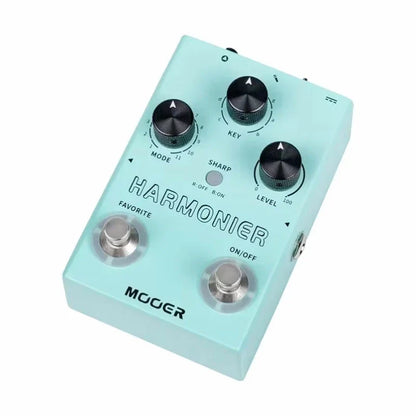 Mooer mvp2 harmonier effects pedal in mint green with black knobs silver footswitches toggle switch and phantom power support
