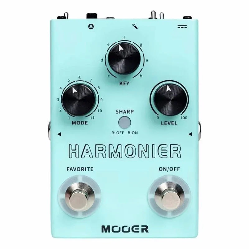 Light blue Mooer MVP2 harmonier guitar effects pedal with black knobs silver footswitches and phantom power toggle switch