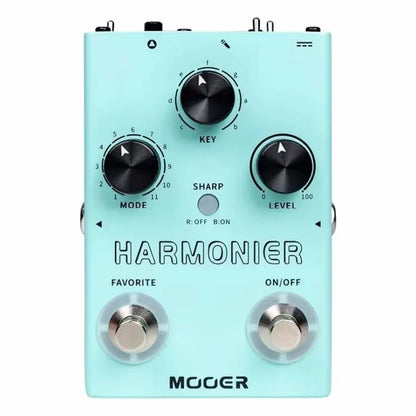 Light blue Mooer MVP2 harmonier guitar effects pedal with black knobs silver footswitches and phantom power toggle switch