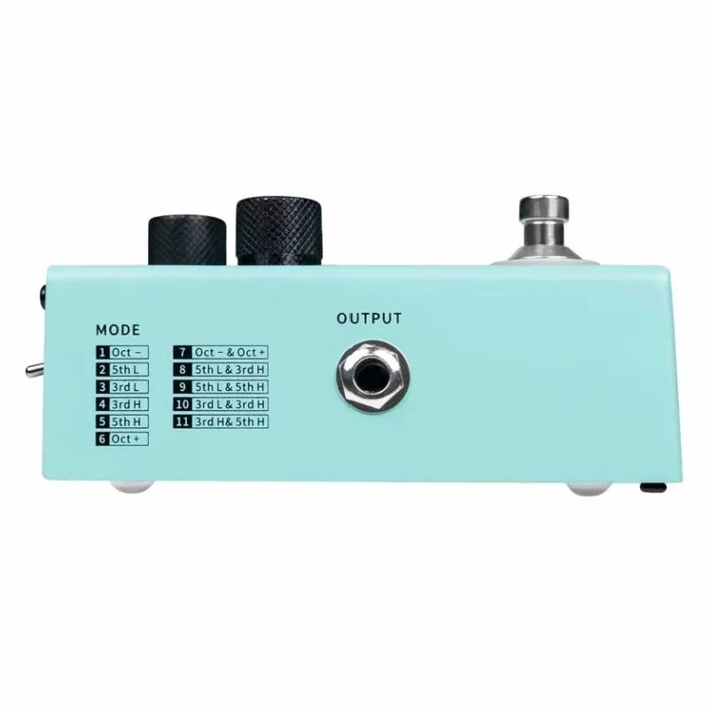 Mint green mvp2 harmonier guitar effects pedal with black knobs silver output jack toggle switch and phantom power features