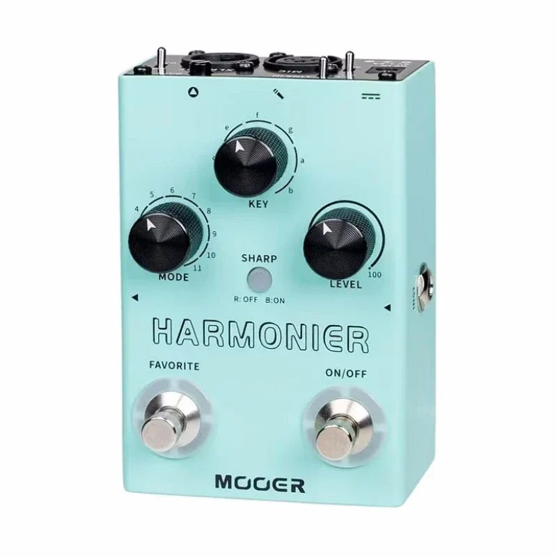 Mint green mooer mvp2 harmonier guitar effects pedal with black knobs silver footswitches toggle switch and phantom power
