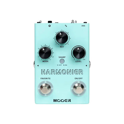Mint green mvp2 harmonier guitar effects pedal with black knobs silver footswitches and toggle switch featuring phantom power