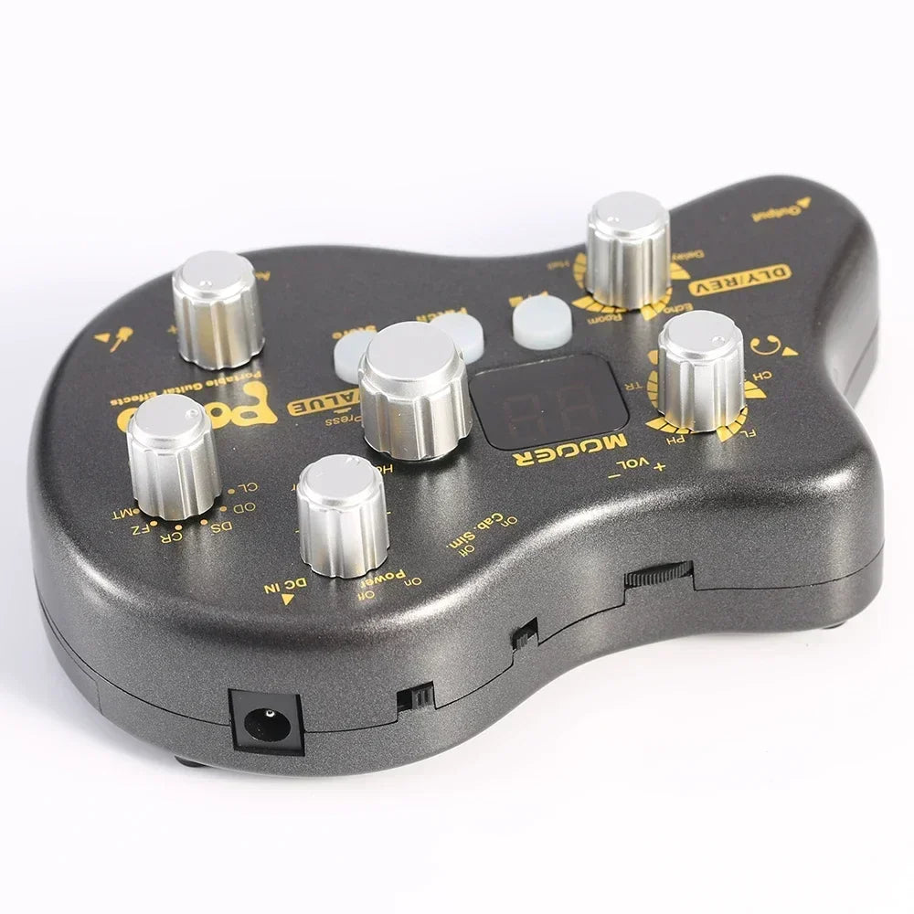 Black guitar effect pedal mooer pe50 pogo mocca with silver knobs gold lettering and 15 effect types for multi use