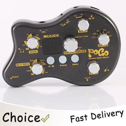 Mooer PE50 Pogo black guitar effect pedal with gold knobs offers 15 effect types and multi effect processor features
