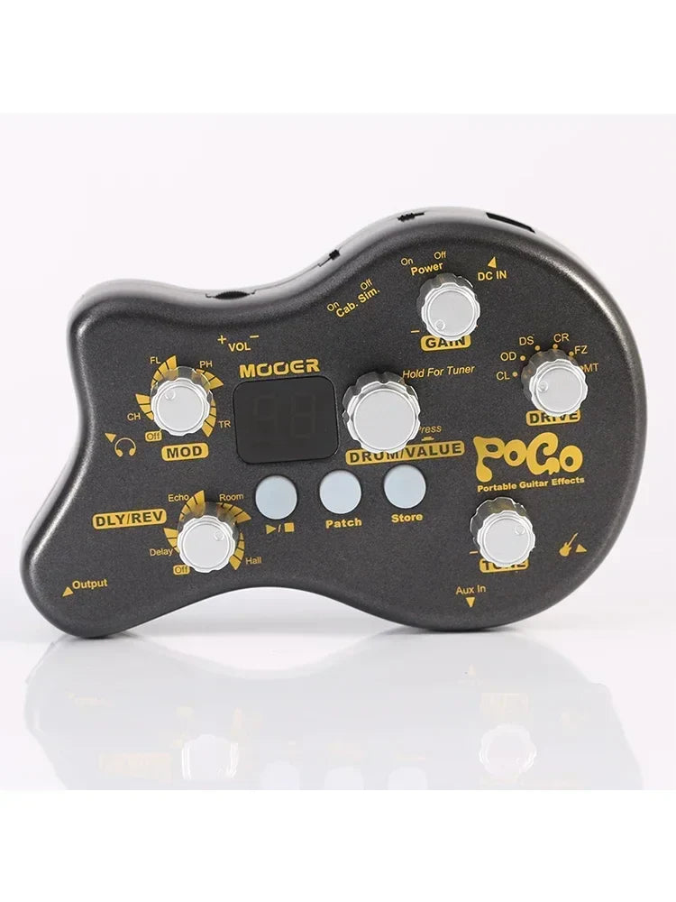 Black guitar effect pedal mooeer pe50 pogo with silver knobs gold lettering 15 effect types and drum rhythms
