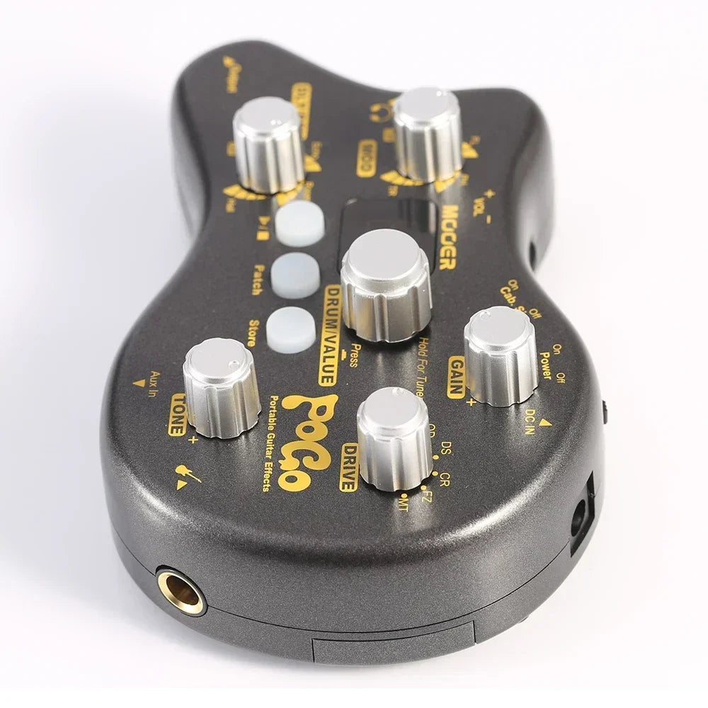 Black guitar effect pedal mooer pe50 pogo with silver knobs gold lettering and 15 effect types and tuning function