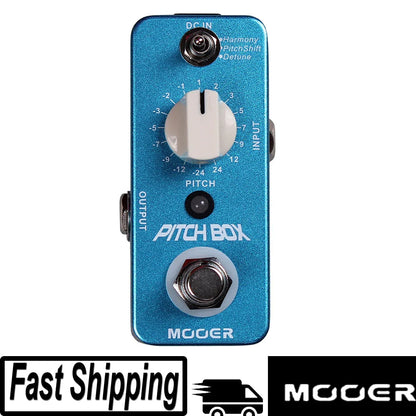 Blue glitter-finish mooger pitch boy effect pedal with white knob and silver footswitch featuring true bypass pitch shift
