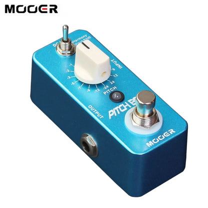 Blue metallic Mooer pitch box effect pedal with white rotary knob silver footswitches pitch shift true bypass features