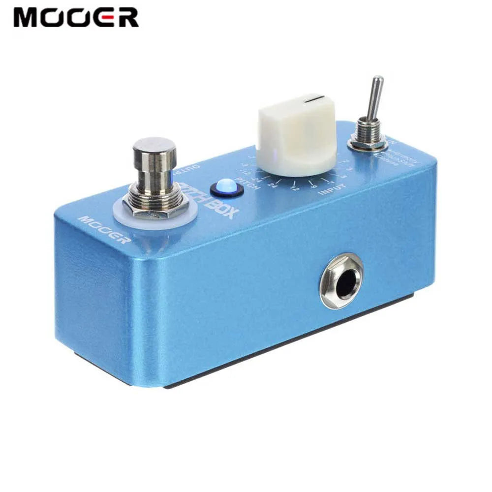 Blue mooer pitch box effect pedal with white knob silver footswitch and toggle switch for true bypass pitch shift