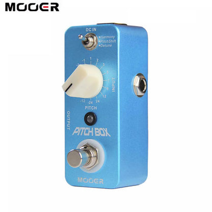 Blue möoger pitch box effect pedal with cream pitch knob and silver jacks featuring true bypass and pitch shift functions