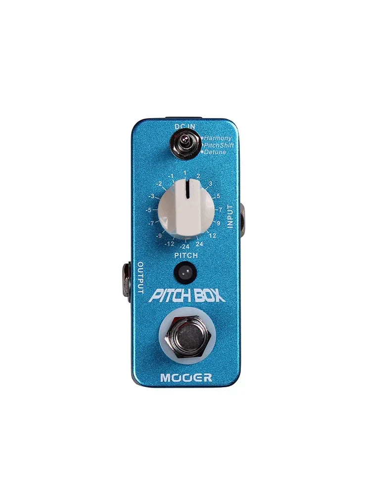 Blue mouser pitch box effect pedal with white rotary knob and silver footswitch featuring true bypass pitch shift