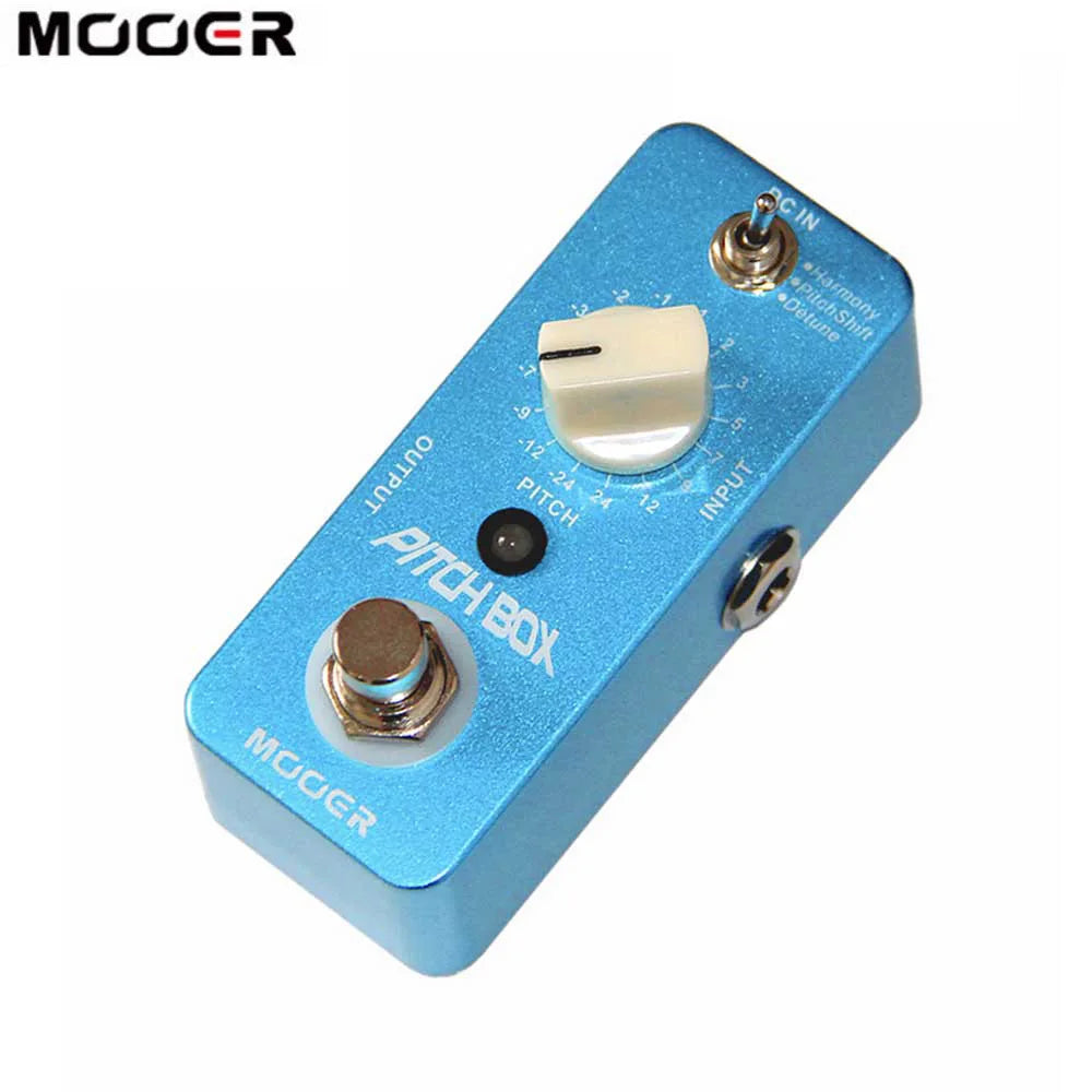 Blue mooer pitch box effect pedal with cream pitch knob and silver jacks featuring true bypass and pitch shift function