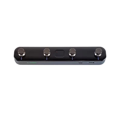 Black mooer prime p1 guitar pedal with four silver buttons and two usb ports featuring drum machine and bass guitar effects