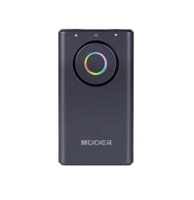 Black rectangular Mooer prime P1 guitar pedal with circular rainbow button and arrows for drum machine and bass guitar use