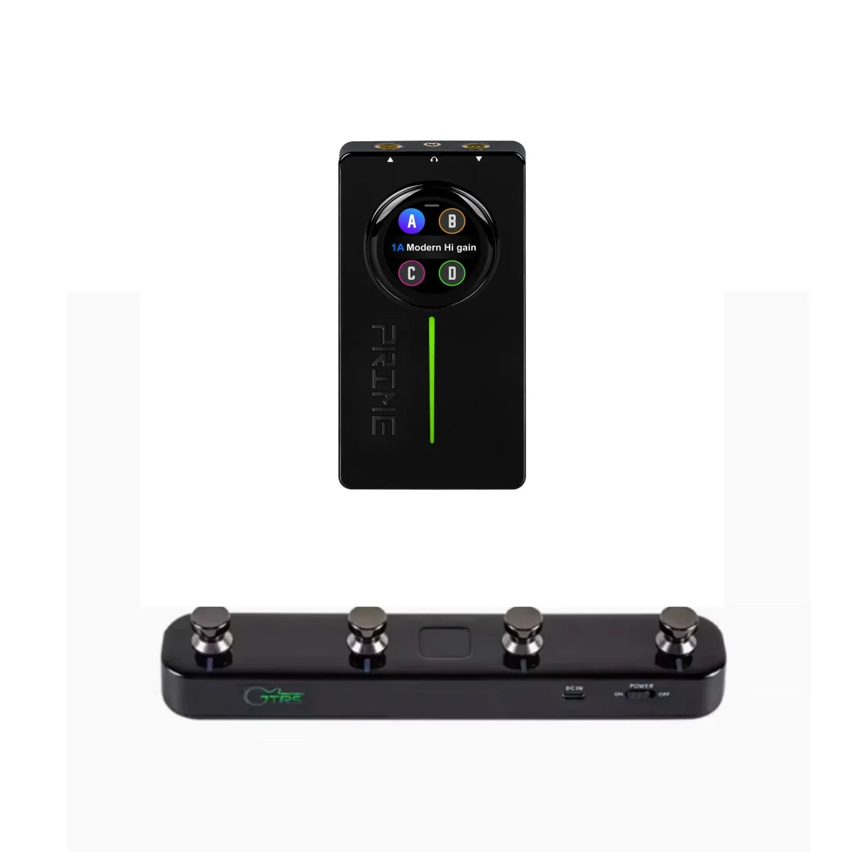 Black rectangular mooer prime p1 smart multic-effect guitar pedal with touchscreen and foot pedal for drum machine use