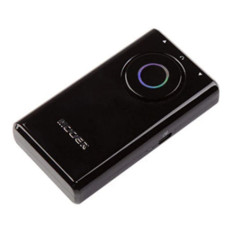 Black rectangular mooer prime p1 wireless audio transmitter with circular rgb led button for drum machine and bass guitar use