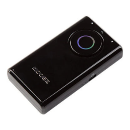 Black rectangular mooer prime p1 wireless audio transmitter with circular rgb led button for drum machine and bass guitar use