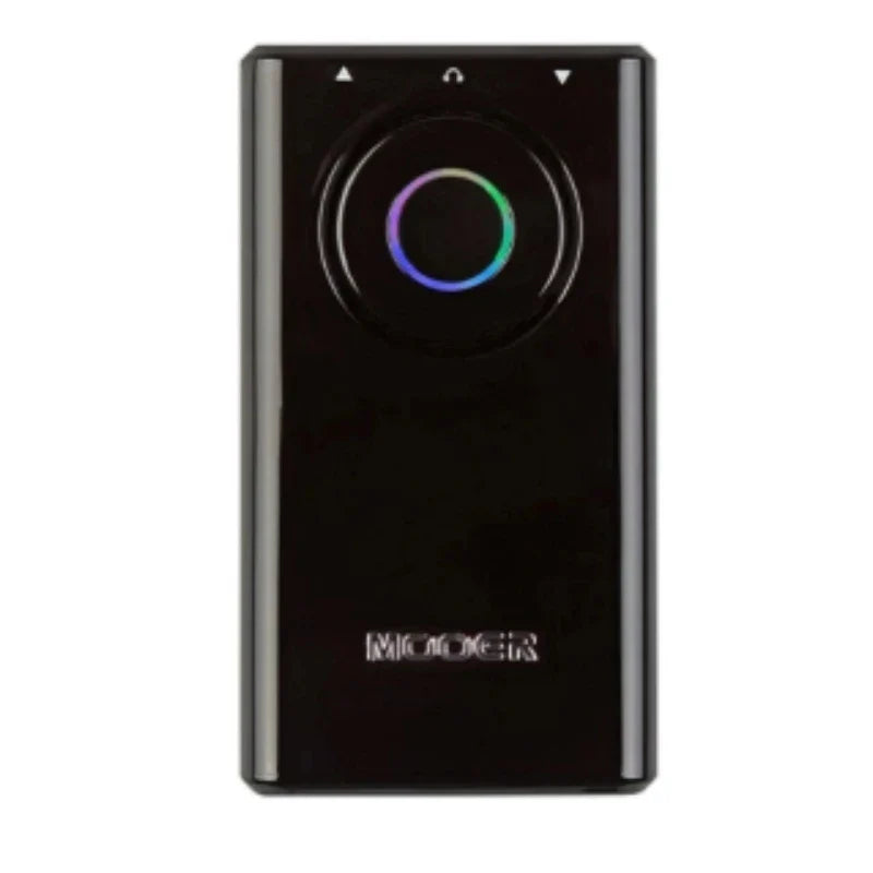 Black mooer prime p1 guitar pedal with circular rgb led light ring and directional buttons for drum machine and bass guitar use