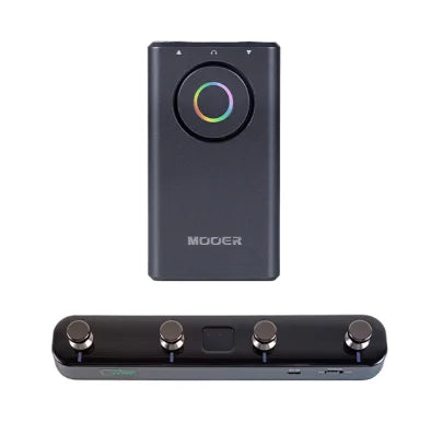Black rectangular mooer prime p1 guitar pedal with rgb light ring and buttons for bass guitar and drum machine use