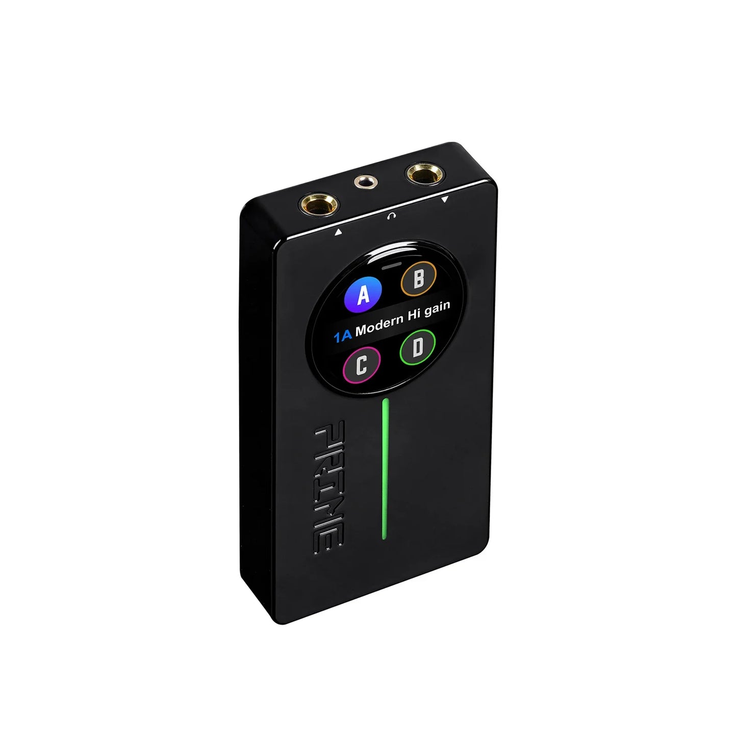 Black rectangular mooer prime p2 audio interface with gold input jacks and labeled control panel for stereo amp simulation loop recording drum
