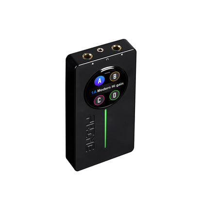 Black rectangular mooer prime p2 audio interface with gold input jacks and labeled control panel for stereo amp simulation loop recording drum