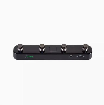 Black rectangular MOOER PRIME P2 foot pedal with four metallic buttons and green logo for stereo amp simulation loop recording drum