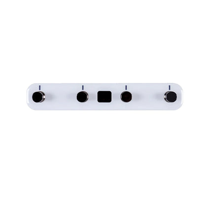 White rectangular showerhead with four black nozzles and central opening paired with mooer prime p2 pedal stereo amp simulation loop recording drum