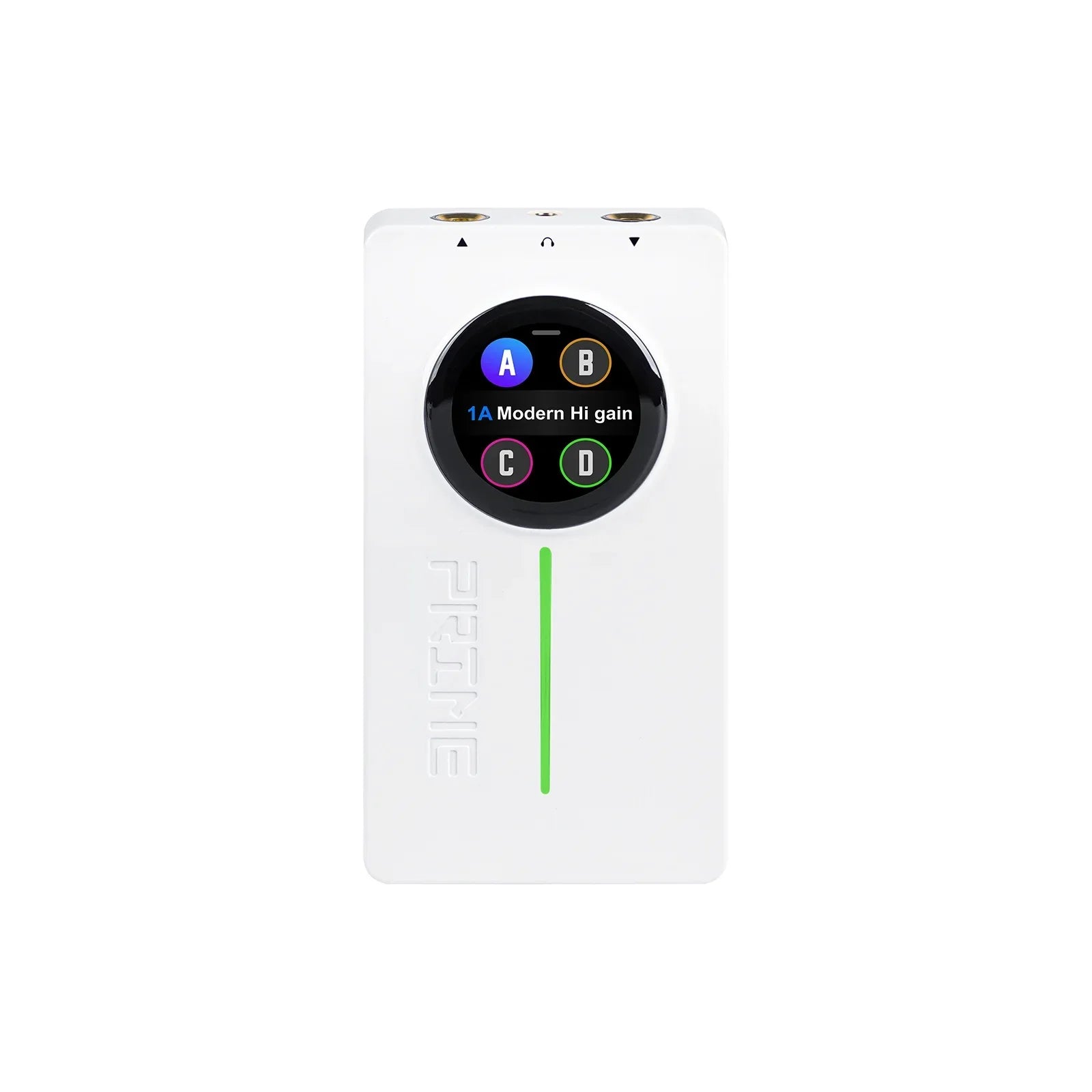 White fiio portable audio player with circular touchscreen and vertical green led for stereo amp simulation and loop recording drum use