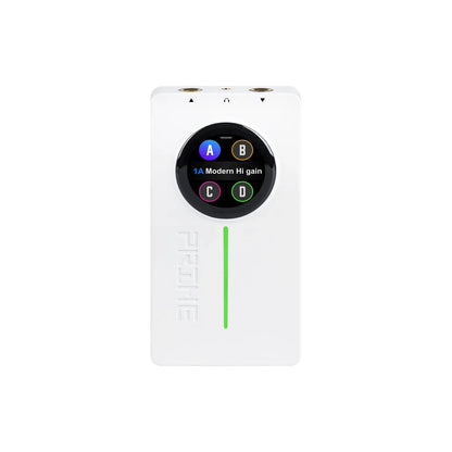 White fiio portable audio player with circular touchscreen and vertical green led for stereo amp simulation and loop recording drum use