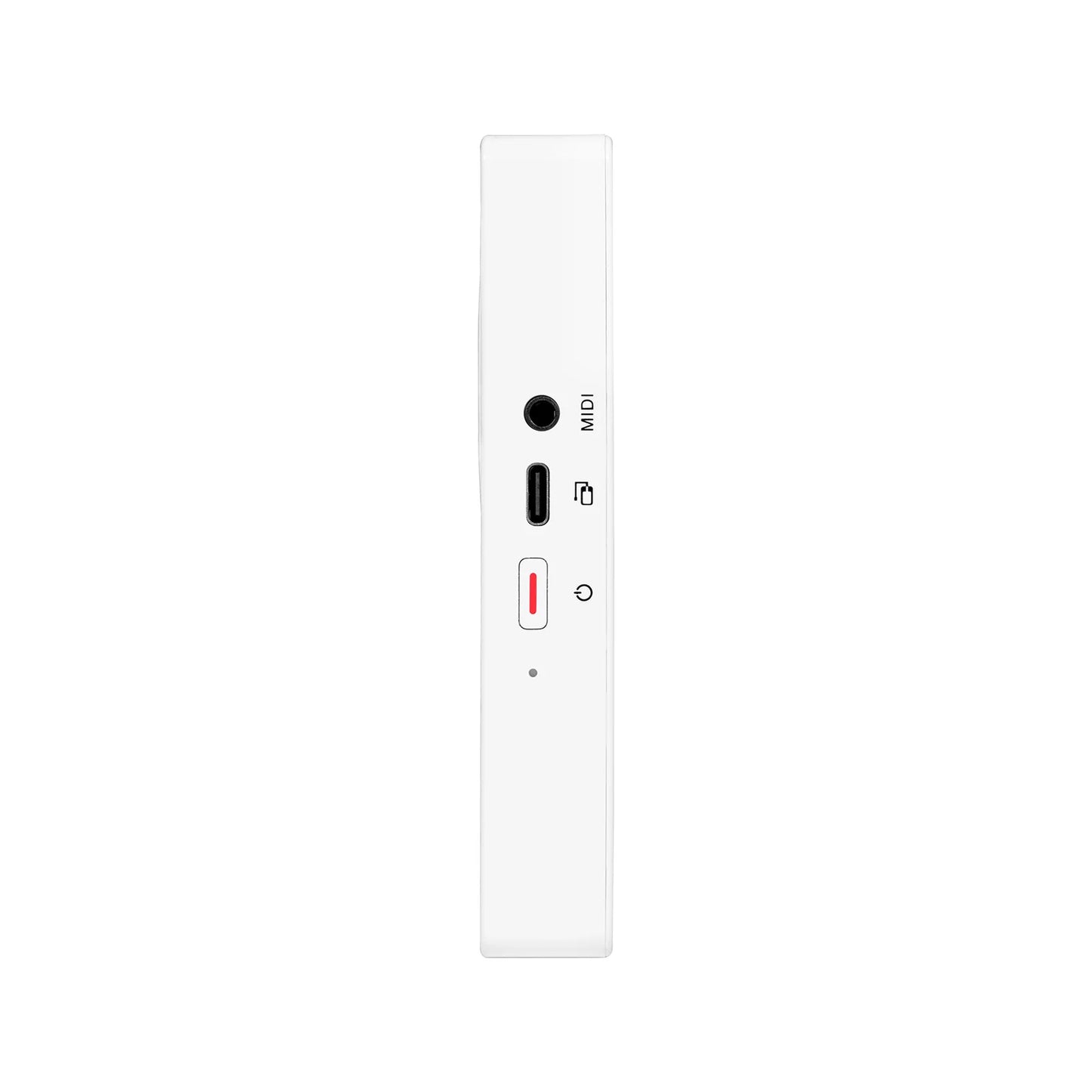 White rectangular mooer prime p2 midi interface with usb-c port 3.5mm jack power button for stereo amp simulation loop recording drum