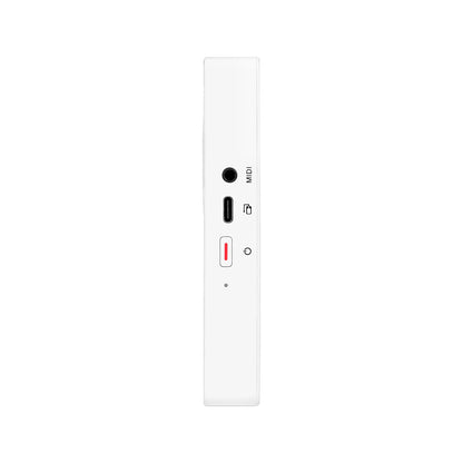 White rectangular mooer prime p2 midi interface with usb-c port 3.5mm jack power button for stereo amp simulation loop recording drum