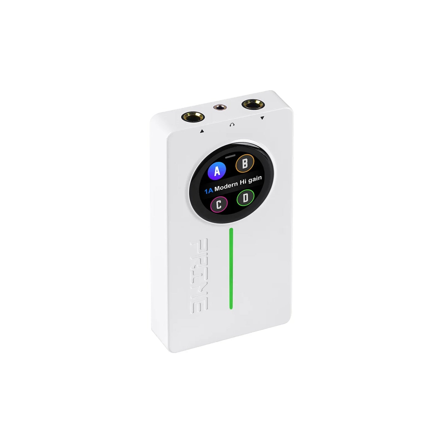White rectangular mooer prime p2 portable audio player with circular touchscreen for stereo amp simulation and loop recording drum