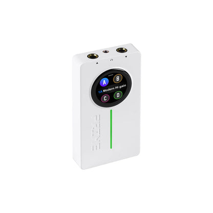 White rectangular mooer prime p2 portable audio player with circular touchscreen for stereo amp simulation and loop recording drum