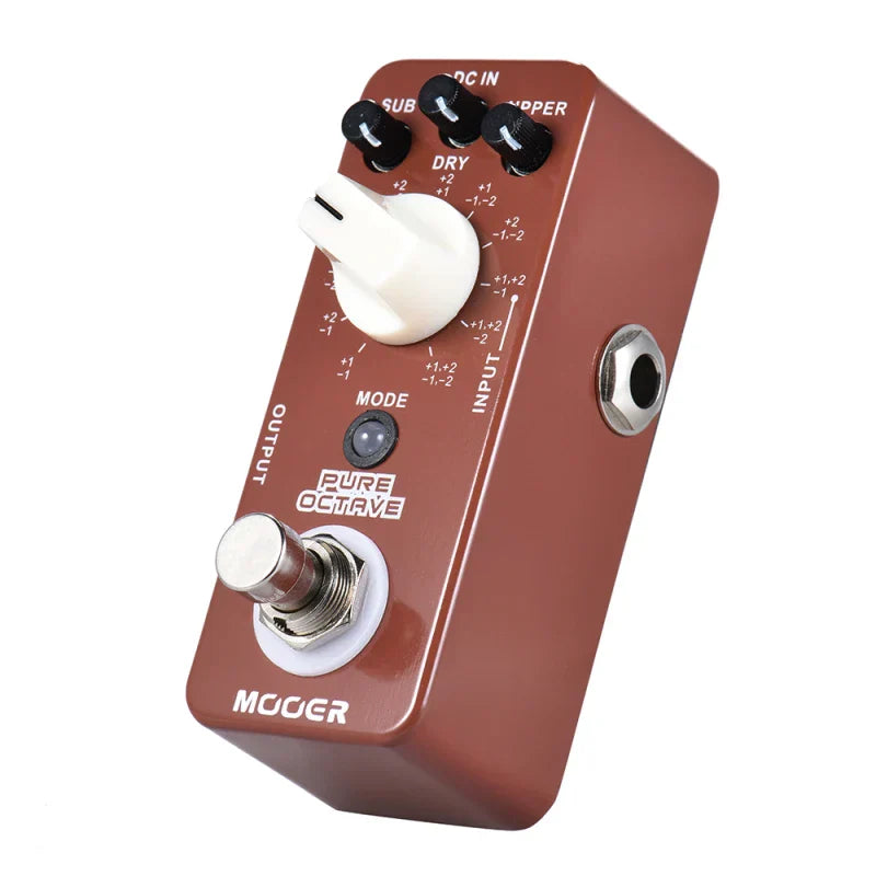 Brown mooer pure octave mini octave guitar pedal with black and white knobs metal shell and silver jacks