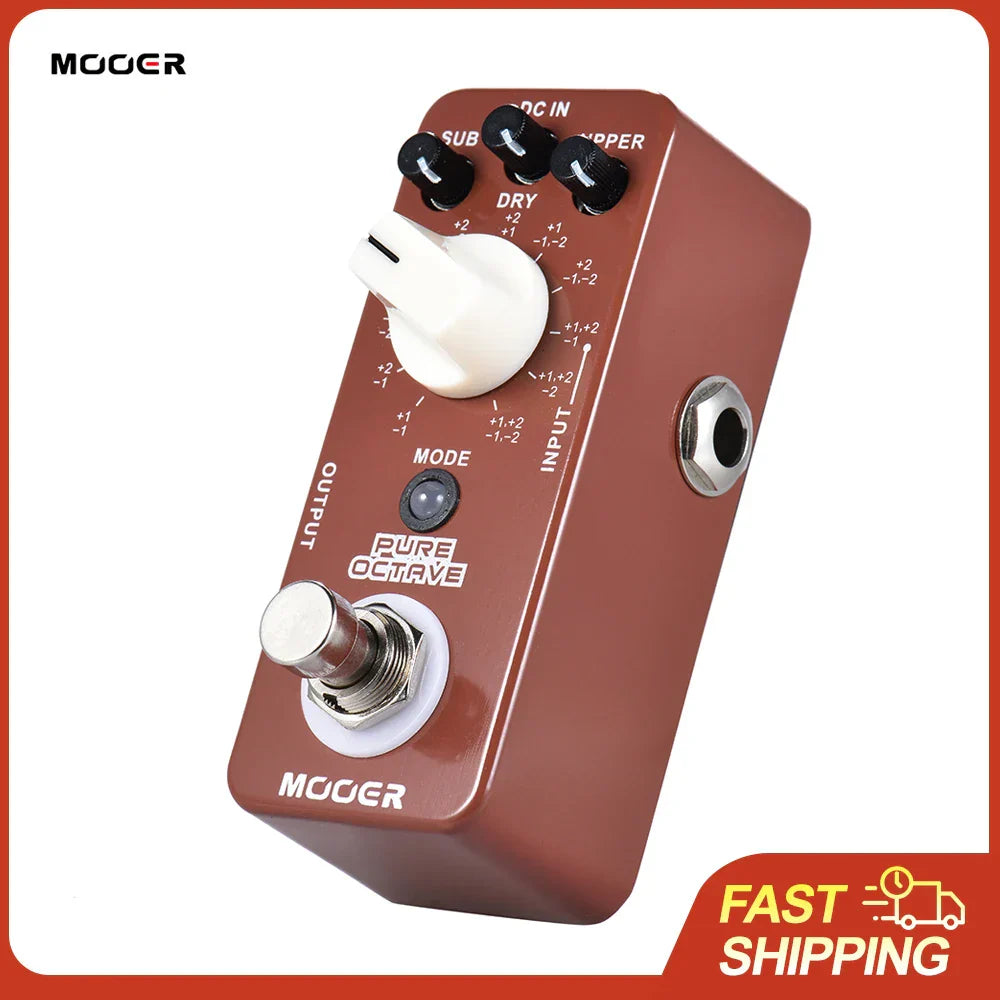 Mooer pure octave mini octave guitar effects pedal in matte reddish-brown metal shell with black and white knobs