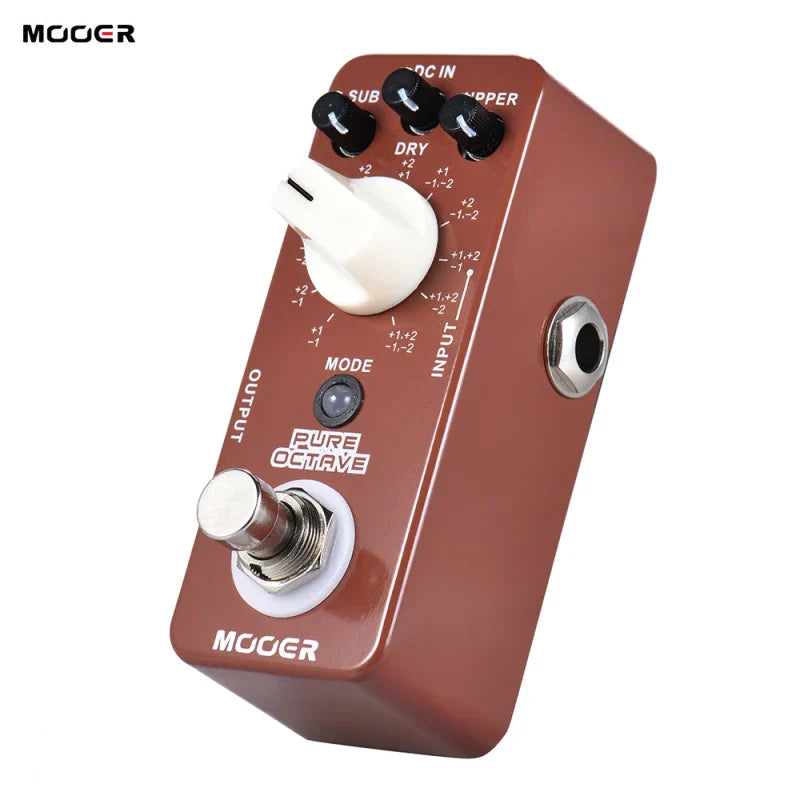 Mooer pure octave mini octave guitar effects pedal in matte reddish-brown metal shell with black knobs and white dial