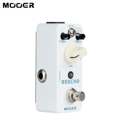 White Mooer Reecho analog real echo pedal with black knobs and cream time knob for true bypass tape echo effects
