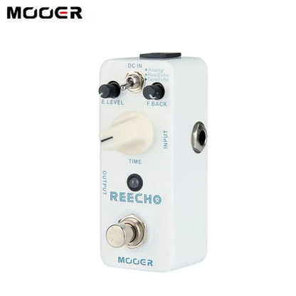 White mooer reecho micro digital delay effect pedal with cream time knob featuring tape echo and true bypass for guitar