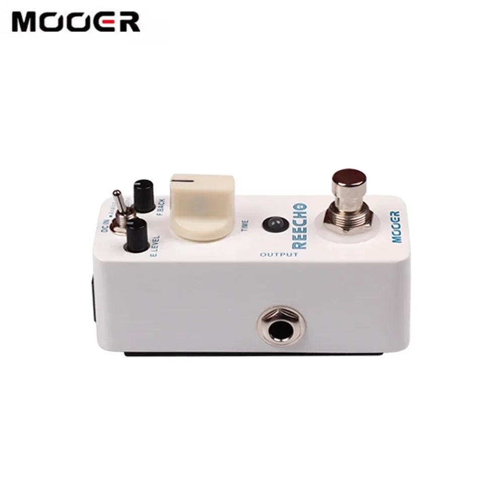 White mooer reecho micro digital delay effect pedal with true bypass and tape echo modes for electric guitar use